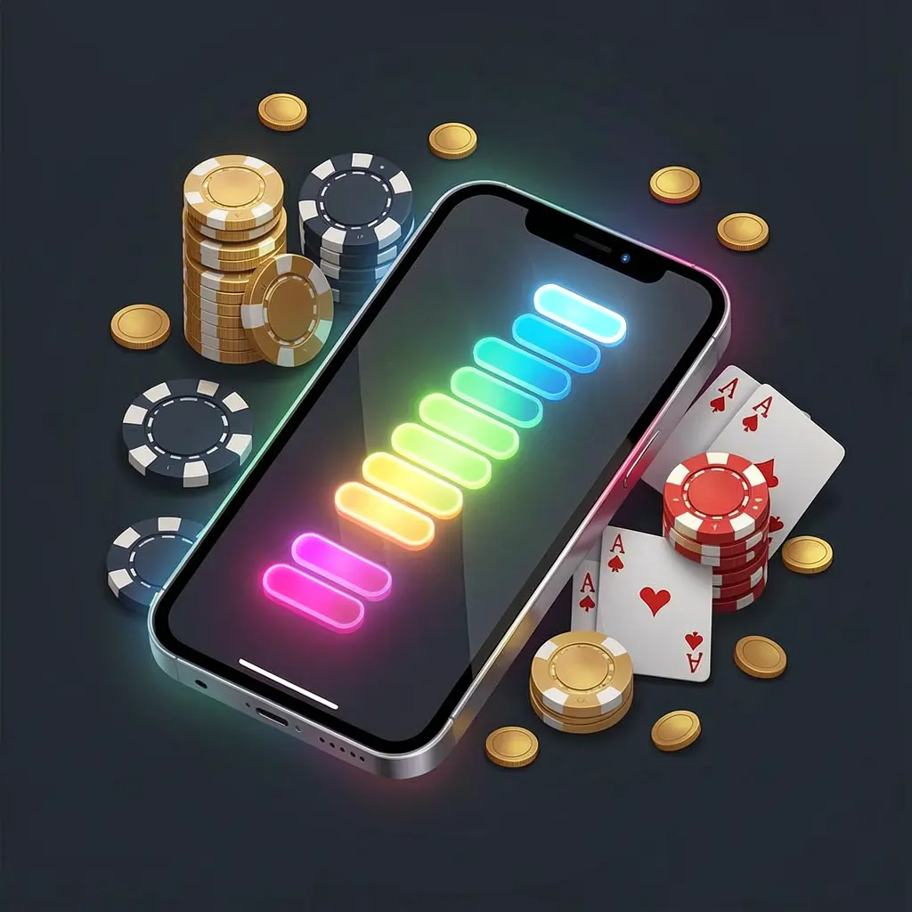 A880c casino app installation visual showing a smartphone with a glowing progress bar surrounded by coins, chips, and cards on a dark background, representing premium mobile gaming design A880c casino app installation visual showing a smartphone with a glowing progress bar surrounded by coins, chips, and cards on a dark background, representing premium mobile gaming design