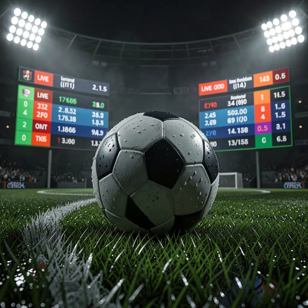 A880c football betting page banner featuring a soccer ball on wet grass under dramatic stadium lights with glowing live odds graphics in the background, creating a premium dark sports atmosphere in a cinematic 3D render