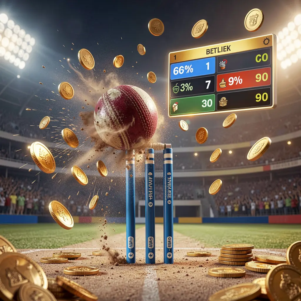 A880c cricket match betting banner showing a cricket ball hitting the wickets with dynamic motion under stadium lights, featuring a floating odds interface and coins in a premium sports atmosphere