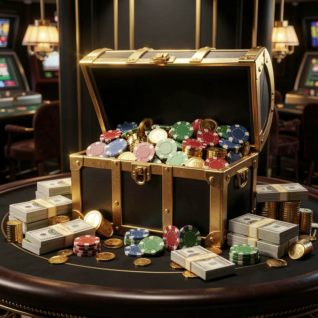 A880c casino rewards scene featuring a golden treasure chest overflowing with chips, cash bundles, and sparkling coins in an elegant black and gold style with dramatic lighting A880c casino rewards scene featuring a golden treasure chest overflowing with chips, cash bundles, and sparkling coins in an elegant black and gold style with dramatic lighting