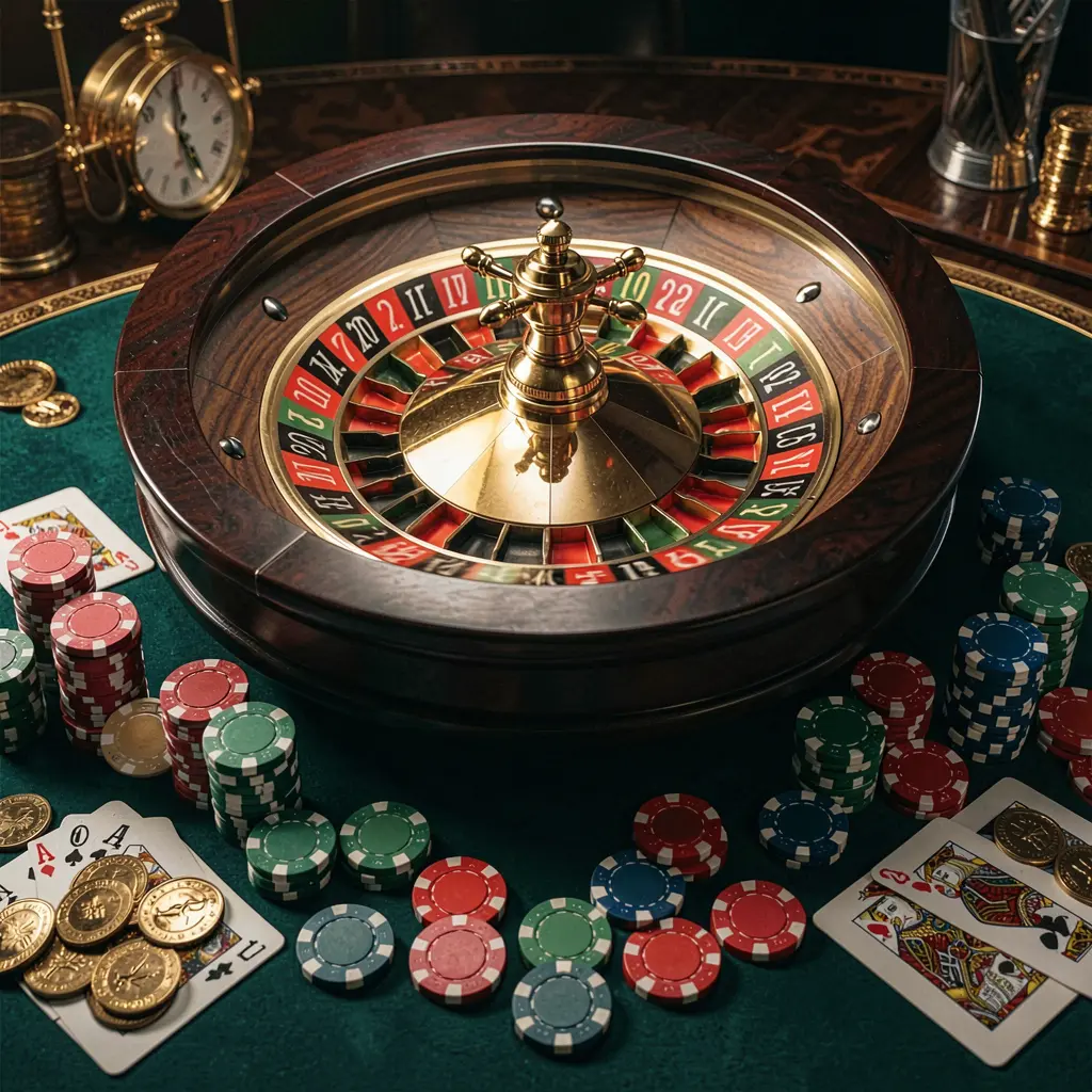 A880c classic casino scene featuring a spinning roulette wheel, scattered chips, playing cards, and coins on a table with an elegant dark background and cinematic lighting A880c classic casino scene featuring a spinning roulette wheel, scattered chips, playing cards, and coins on a table with an elegant dark background and cinematic lighting