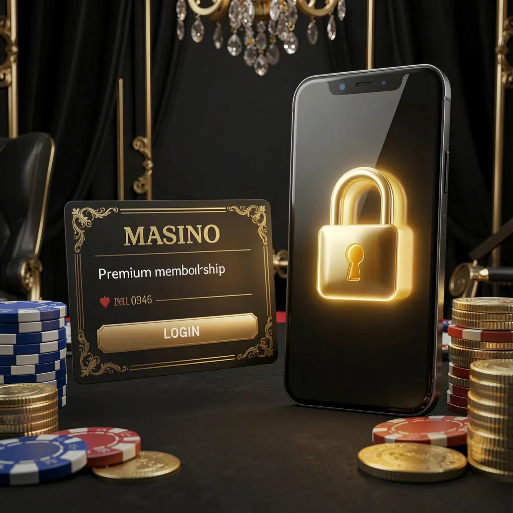 A880c casino member login concept featuring a premium membership card beside a smartphone with a glowing lock symbol, poker chips, and coins on a black and gold luxury background in a realistic 3D illustration