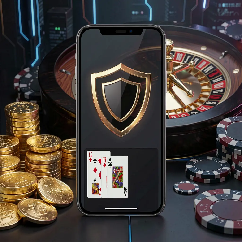 A880c secure mobile casino access showing a phone screen with a shield icon, roulette wheel and poker chips in the background, golden coins scattered, set in a dark cyber luxury atmosphere