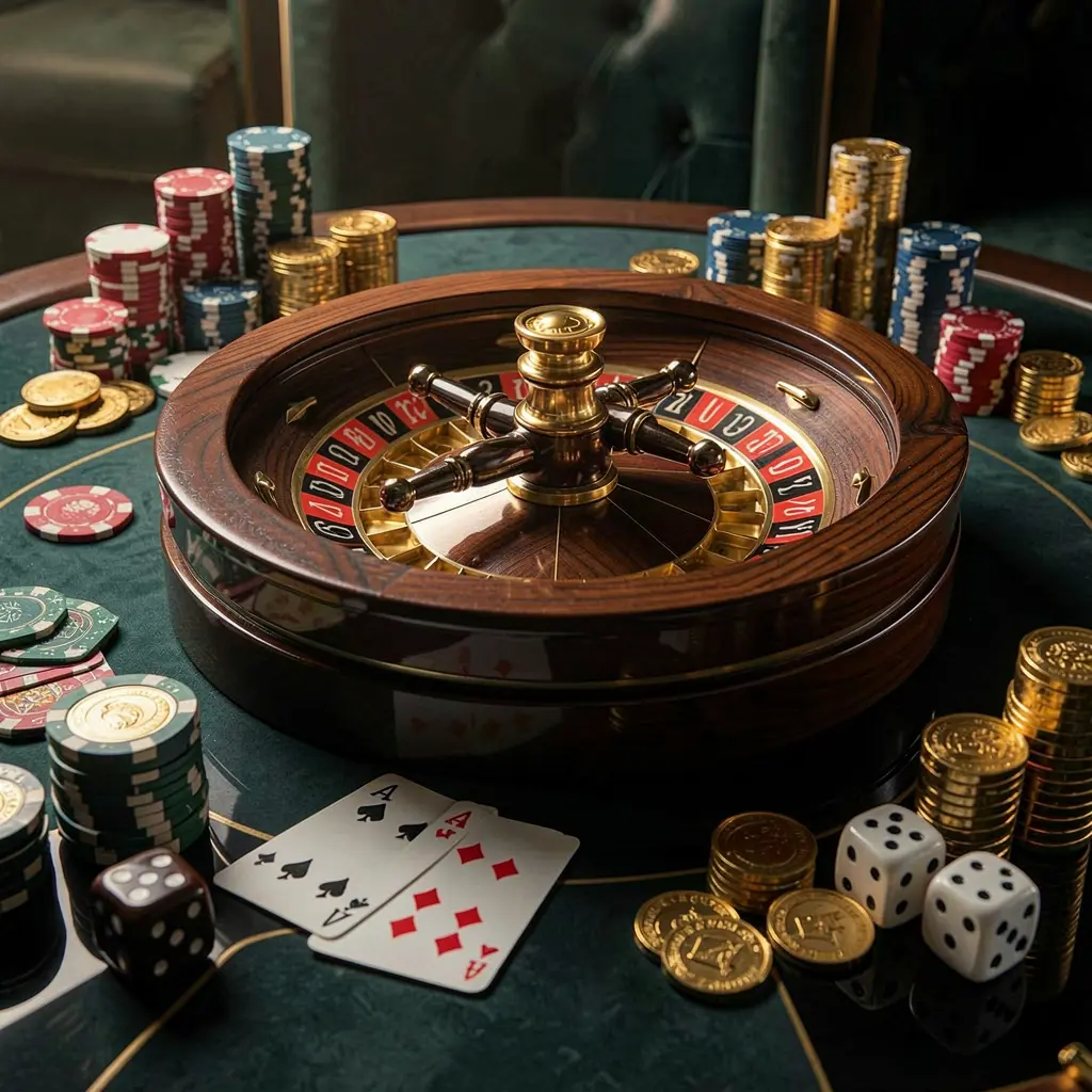 A880c premium casino homepage scene featuring a roulette wheel spinning on a glossy table surrounded by poker chips, dice, cards, and golden coins with elegant dark background and cinematic lighting A880c premium casino homepage scene featuring a roulette wheel spinning on a glossy table surrounded by poker chips, dice, cards, and golden coins with elegant dark background and cinematic lighting
